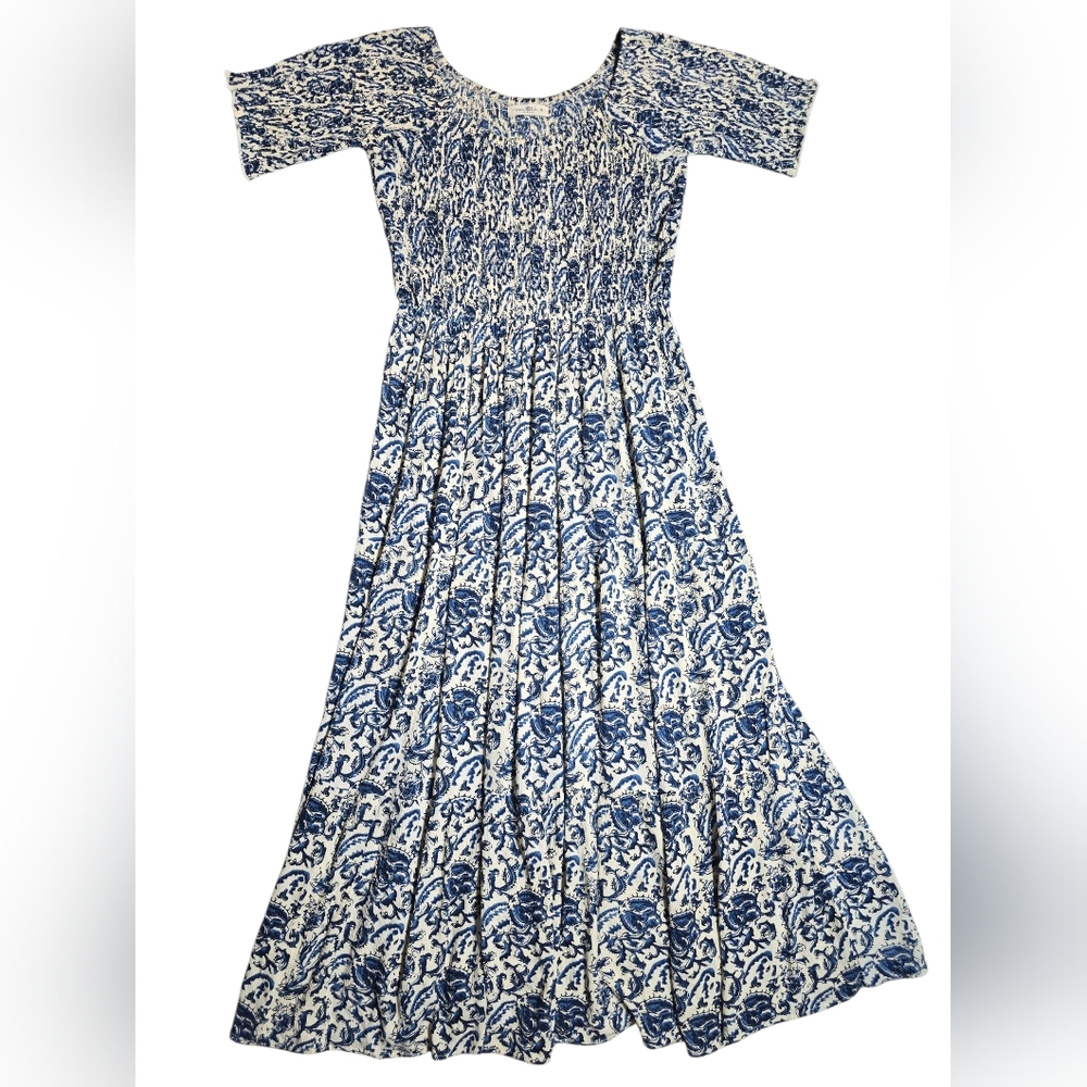 Natural Life Daisy Tiered Midi Dress Ivory Blue Vines Size Medium - Picture 5 of 9